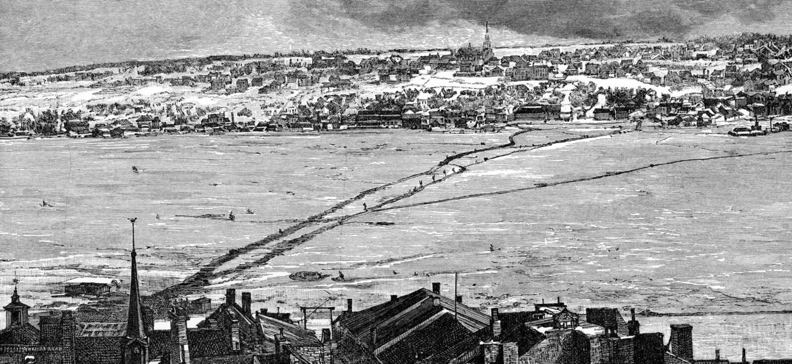 Cette gravure réalisée vers 1860 présente une vue du pont de glace, de Québec à Lévis. 