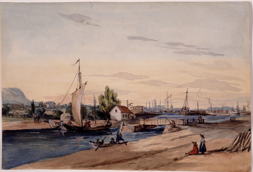 Aquarelle représentant le canal de Lachine vers 1850